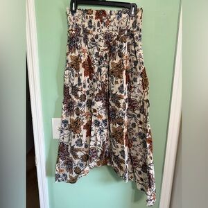 Elan Cotton Midi Skirt with Floral Pattern - Cream and Brown